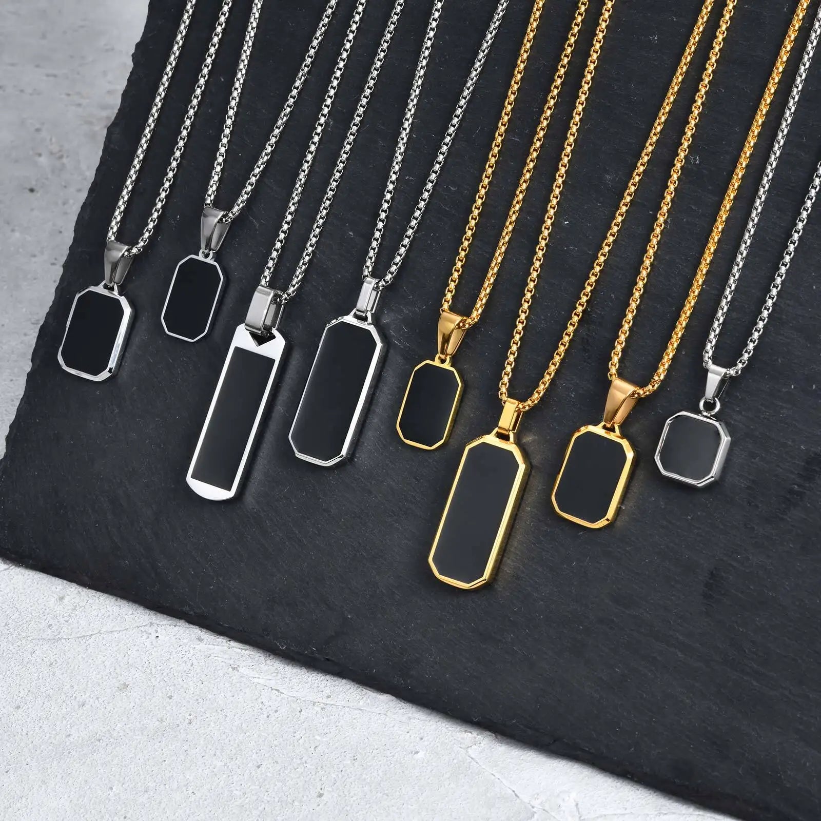 Casual Black Enamel Necklaces for Men,Waterproof Stainless Steel Square Pendant Necklace,Simple Fashion Male Collar Jewelry Gift