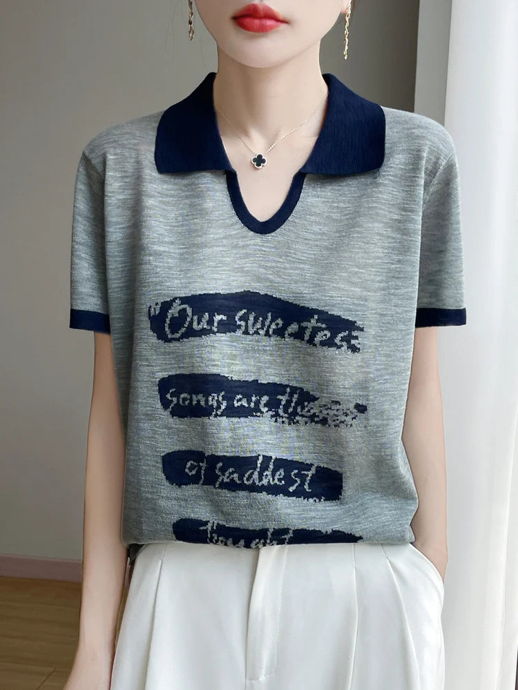 2025 New Large Size Summer Short Sleeve Scissor Collar T-Shirt Women High Grade T-Shirt Fashion Comfortable Leisure T-Shirt Tops