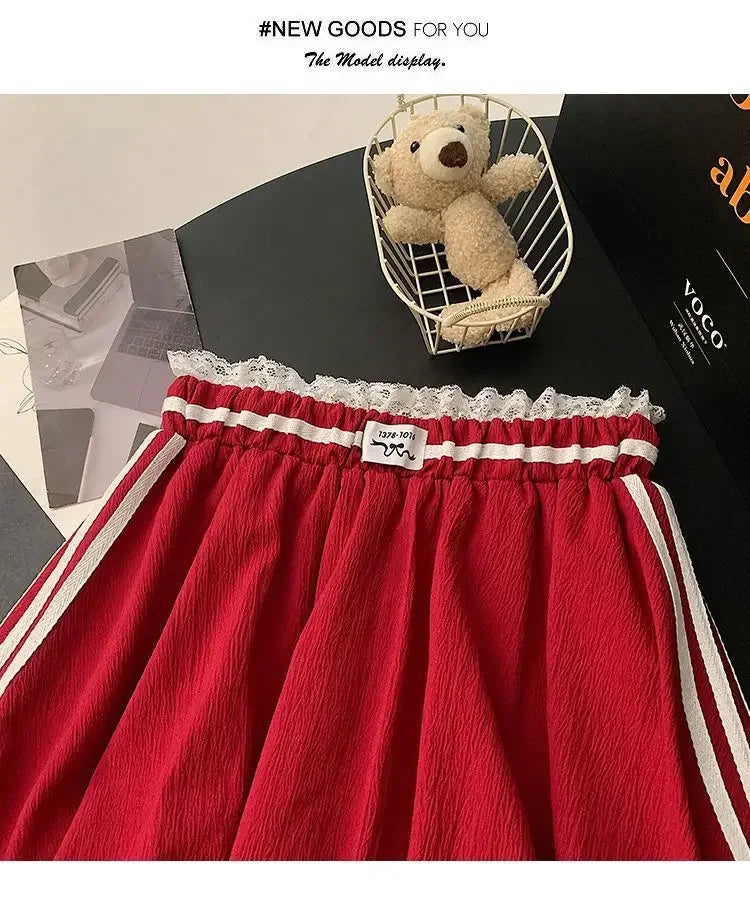 American Style Spliced Lace Stripe High Waist Half Skirt Women Summer Anti Exposure Flower Bud Puffy Short Skirt Polyester Fiber