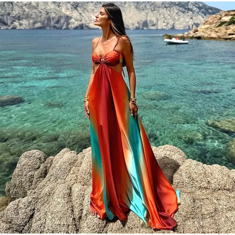 Summer New Colorful Print Beach Dress For Women Sexy Hollow Out High Waist Pleated Maxi Dresses 2025 Vocation Female Vestidos