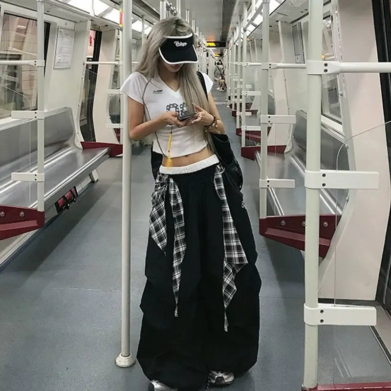 Y2K Black Cargo Pants Women Streetwear Plaid Patchwork Baggy Sweatpants Harajuku Wide Leg Joggers Summer Korean Casual Trousers