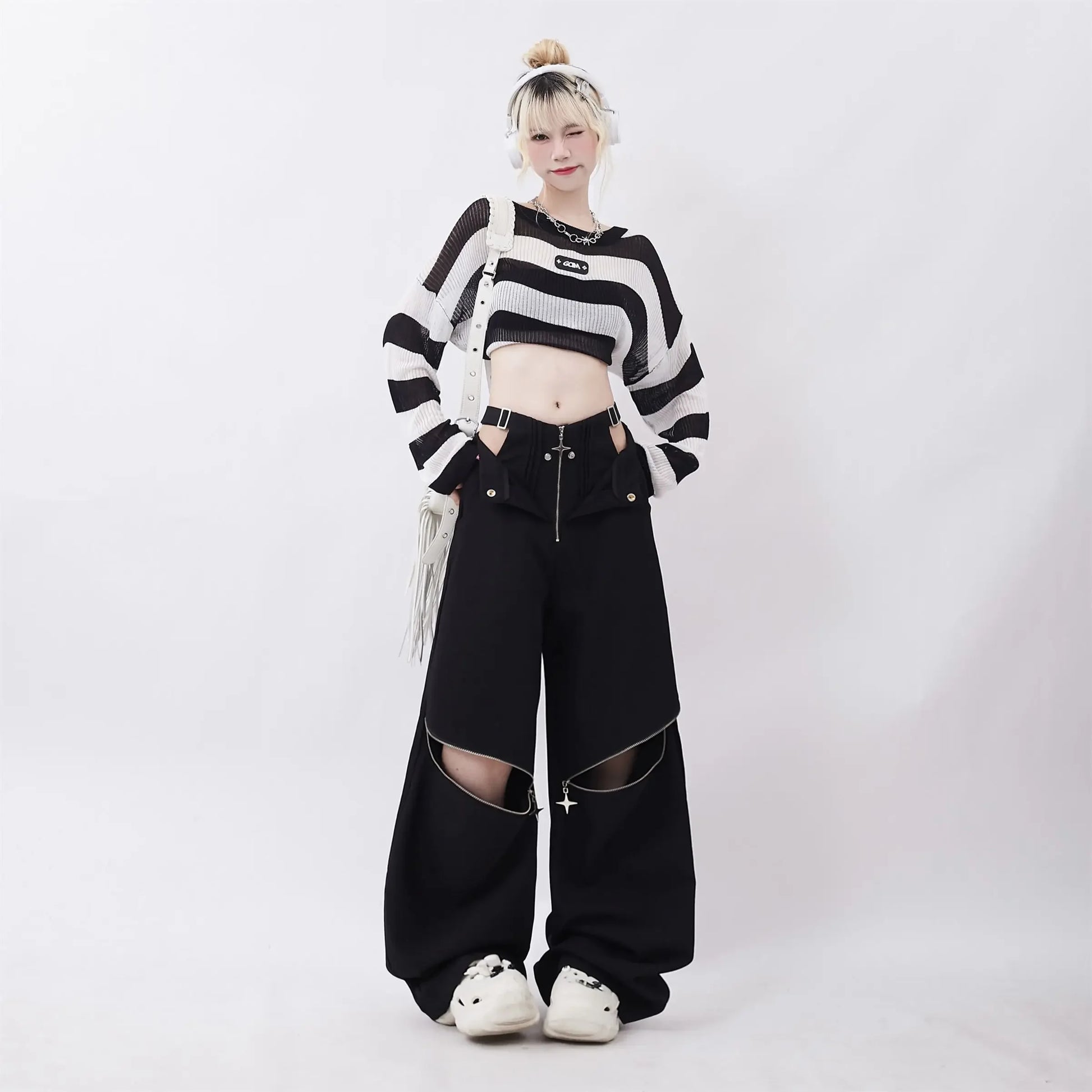 Hollow Out Zipper Design Pants Black Cargo Sweatpants Women Y2k Fashion Baggy High Waist Wide Leg Sport Pants Causal Trousers