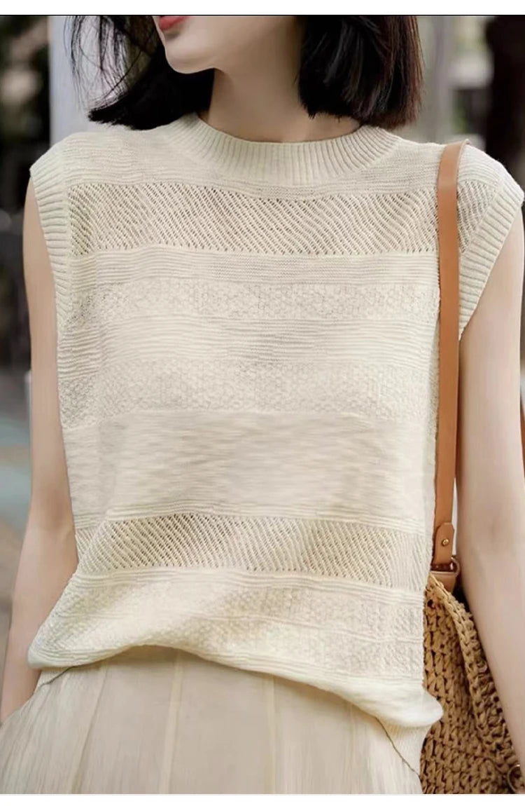 Women's Fashion Sleeveless Tees ONeckPullover Summer Worsted Wool Top Hollow Out T-Shirts Simple Elegant And Smooth Cool Comfort
