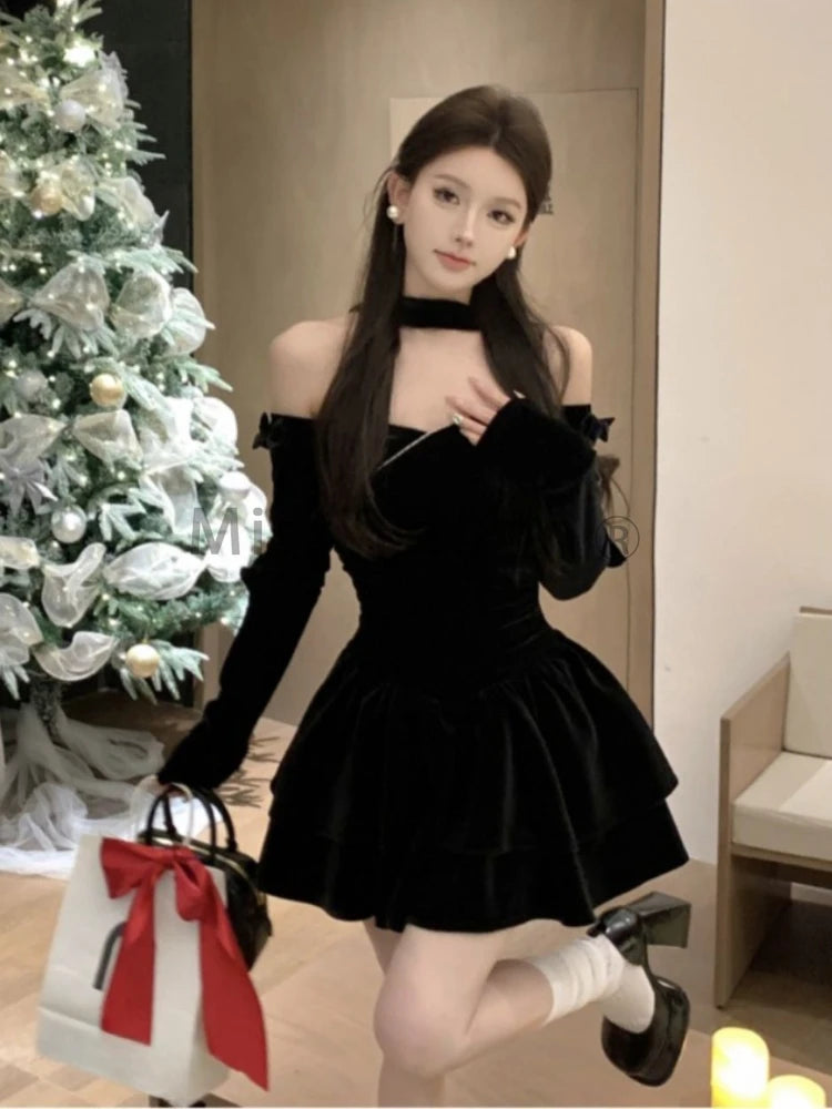 Off Shoulder Black Velvet One Piece Dress Women French Elegant Long Sleeved Princess Dresses Fashion Puffy Birthday Short Dress