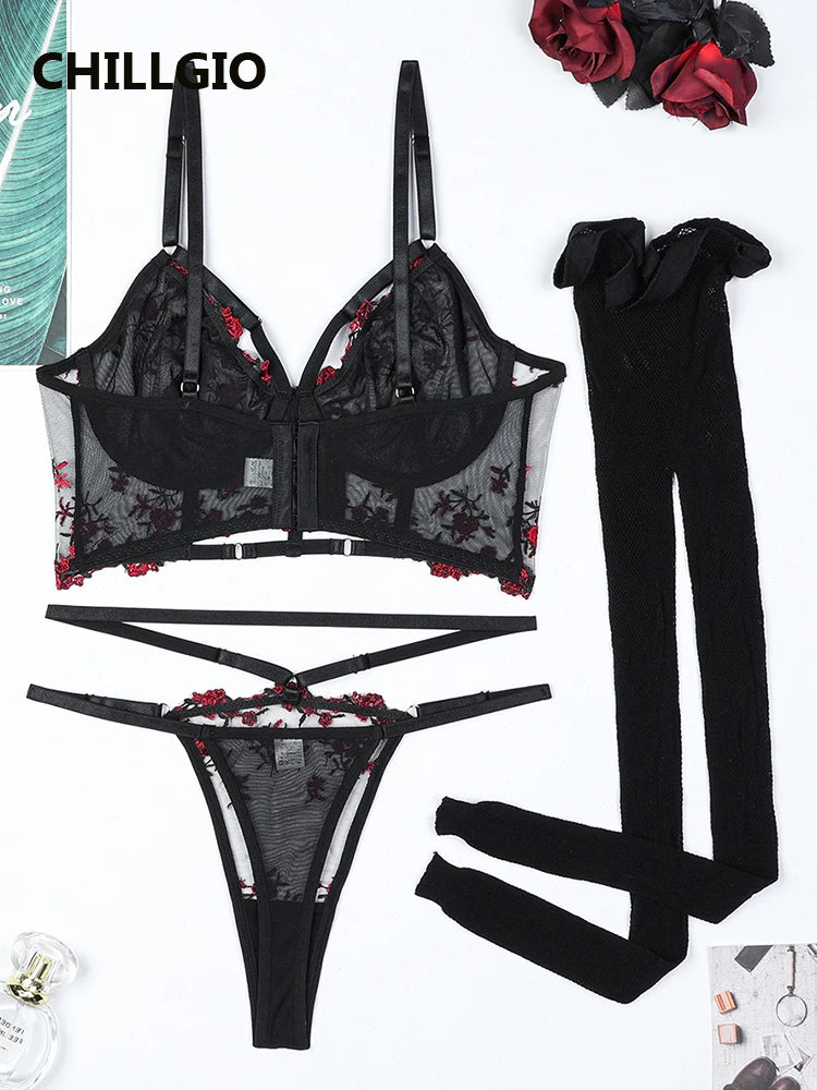 CHILLGIO Women Lingeries Sexy Hot Embroidery Bra Set Chic and Elegant Women's Ethical Underwear Bodycon Bras Panty Stockings Set
