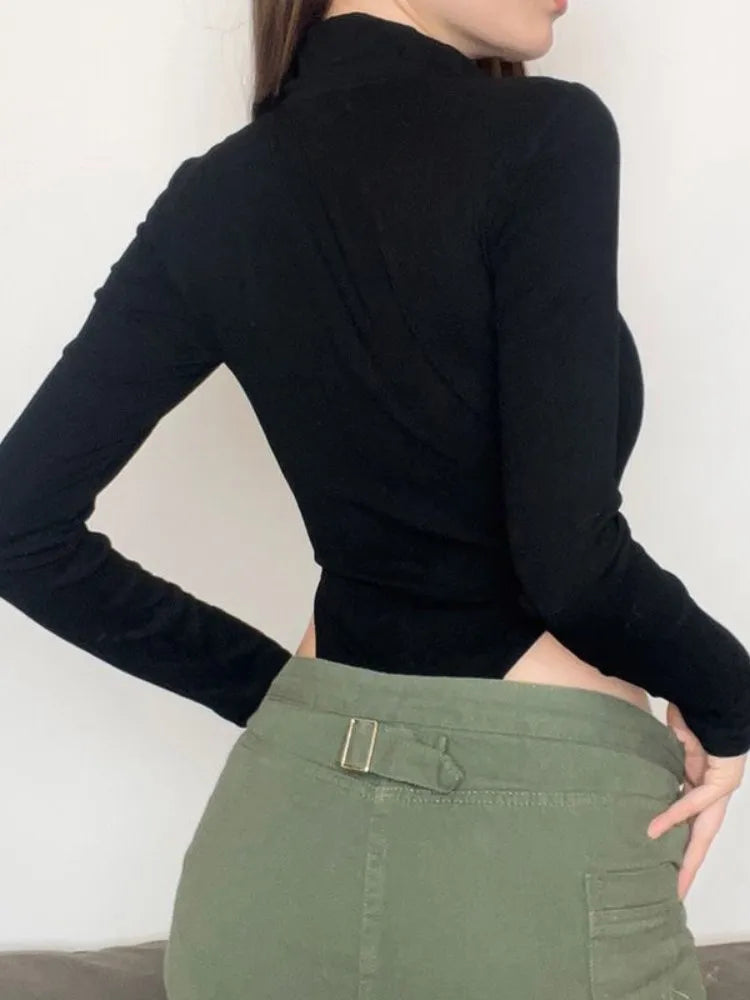 Punk Motorcycle-style Metal Button Zipper Jumpsuit Women Sports Bodycon Streetwear Y2k Retro Long Sleeve Cardigan Tops Bodysuits