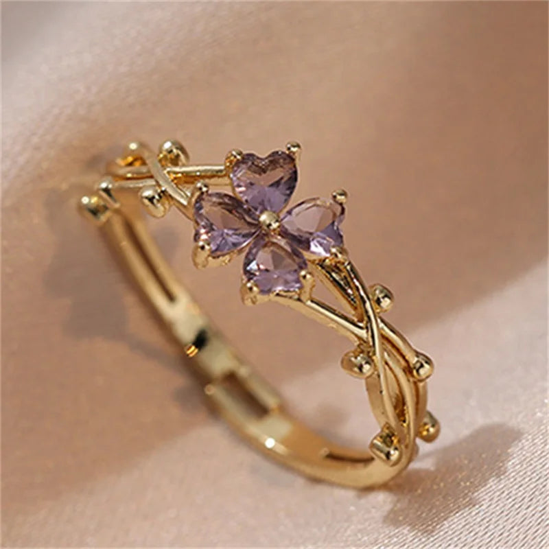 Ins Purple Zircon Flower Index Finger Rings For Women Gold Color Adjustable Charm Wedding Bands Girls Bar Party Jewelry Gifts CZ