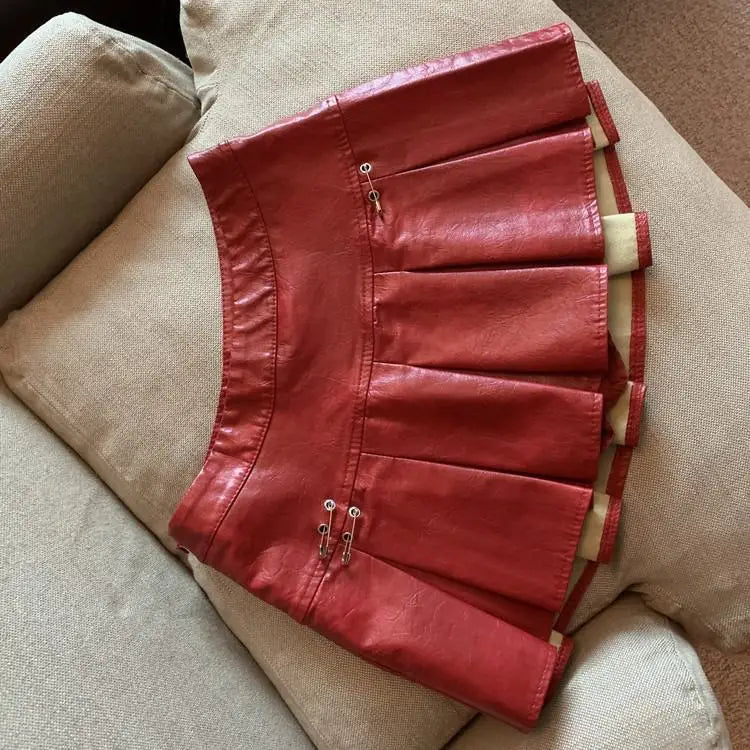 American PU Leather Pleated Skirt Women Slim High-waisted Design Mini Skirt Red Black