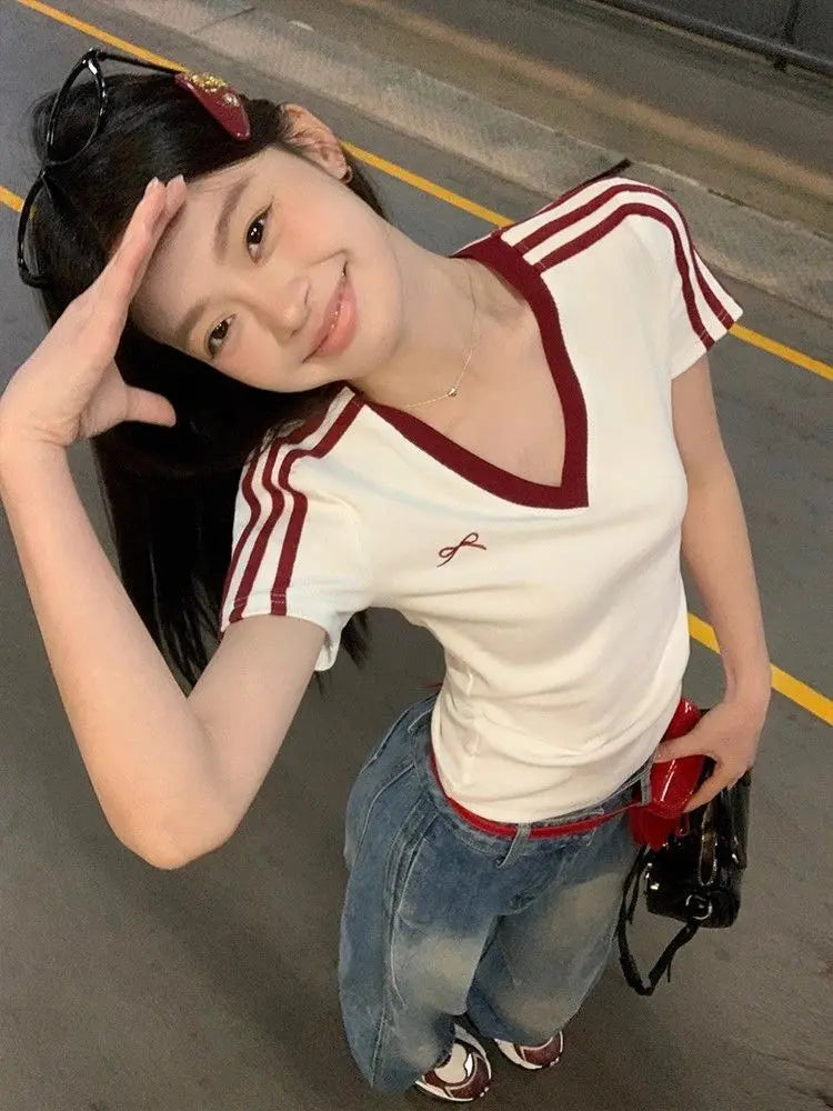 Women Clothing Summer Fashion Casual Striped Color Blocking V-neck Ladies Ladies Simplicity All-match Appear Thin Short Sleeve