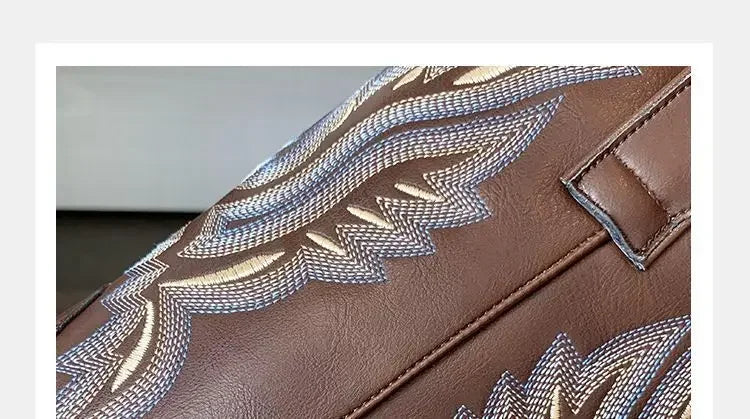 Fall Women Mid-calf Boots 2025 Vintage Leather-covered Brown Western Cowboy Boots Embroidered Chunky Heel Thigh-high Knight Boot