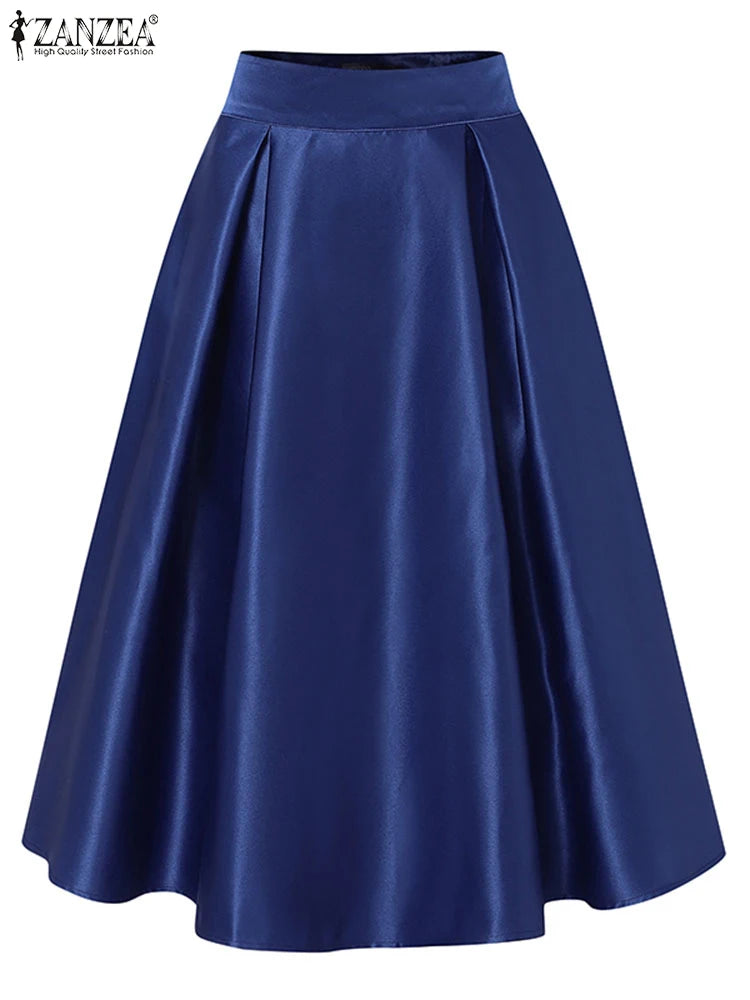 ZANZEA Vintage Solid Color Skirt Women Pleating Swing Jupe Party High Waisted Faldas Casual Loose Satin Silk A-line Overskirts