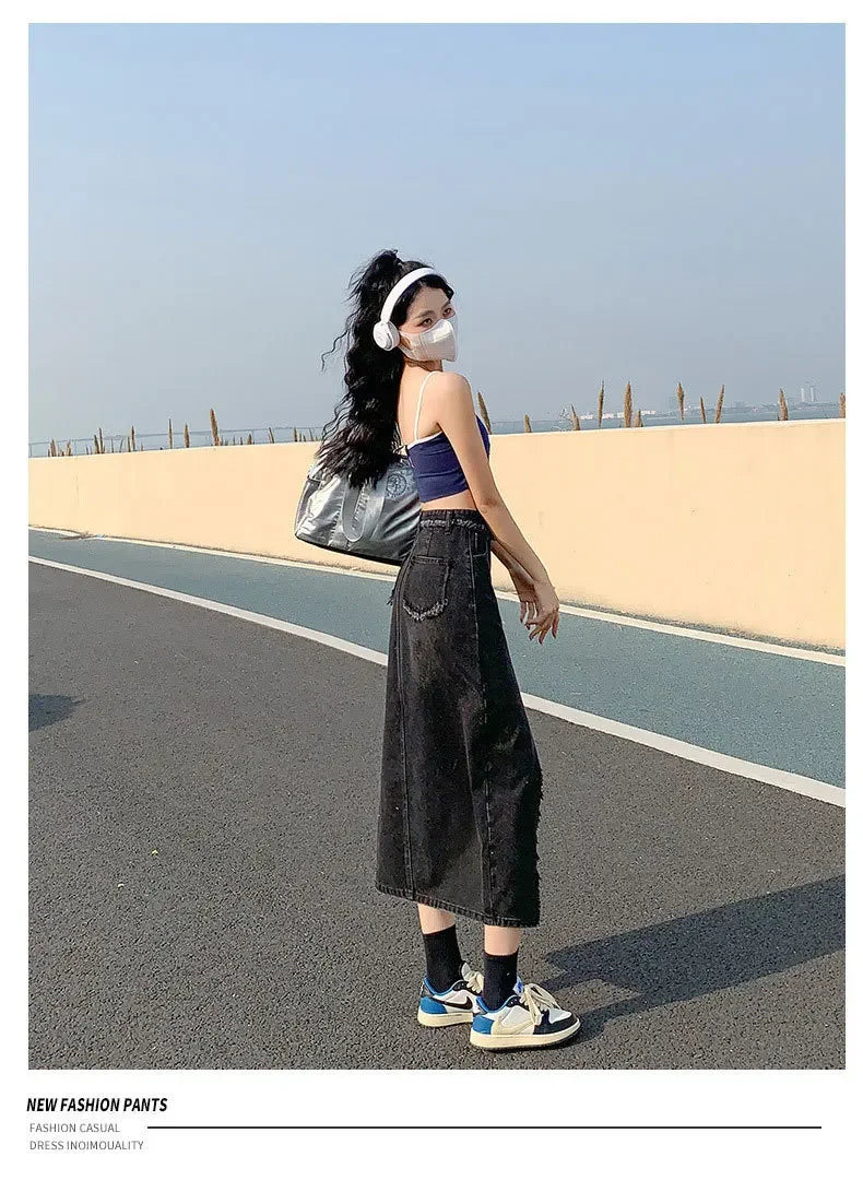 Fashionable Denim Skirt For Women High-waisted A- line Hip Covering Long Dress Casual Style Perfect For Summer 2024