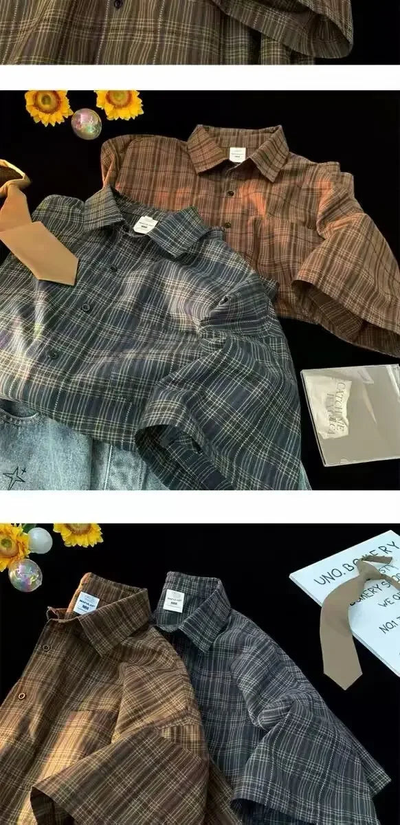 Japanese Vintage Plaid Short Sleeve Shirt Men's Streetwear Loose Fit High-end Feel Casual Stylish Versatile Half Sleeve Jacket