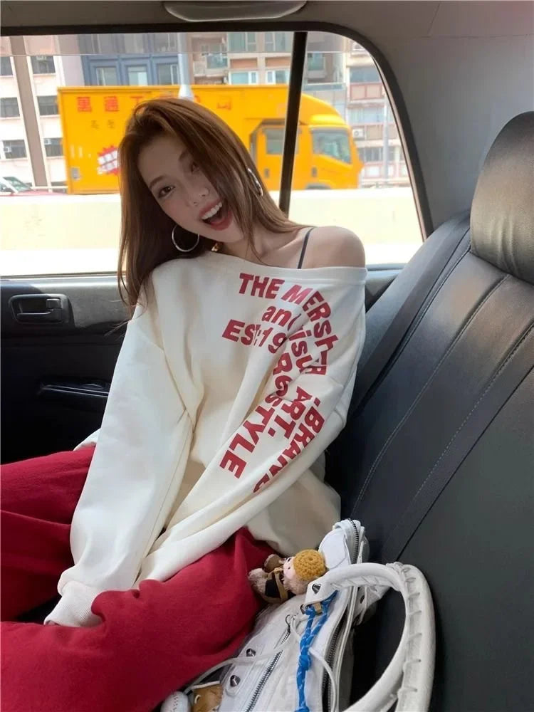 Shoulder Bared Vintage Print Letter Long Sleeve Sweatshirt Women's Autumn New Style Small Audience Oblique Shoulder Irregular Lo