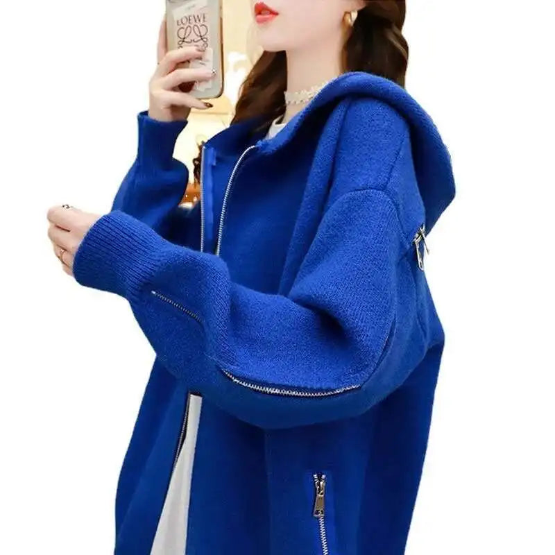 [EWQ] Big Size Long Sleeve Hooded Zipper Decorate Blue Knit Cardigan Women Thick Sweater Jacket 2024 Autumn New Fashion 16O2559
