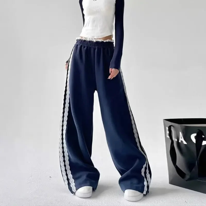 Trendy Casual Wide Leg Pants Women's Autumn Winter High Waist Splicing Lace Trim Drapey Slimming Sporty Trousers