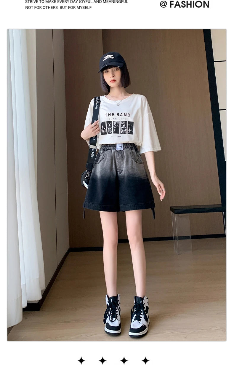 Gradient Plus Size Denim Shorts For Women Summer 2024 New High Elastic Waist Pockets Wide Leg Loose Jean Short Femme Hot Sale