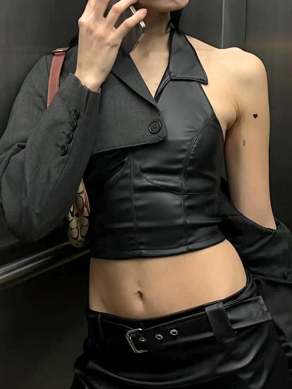 Hot Sexy Gyaru Slim Fit Leather Short Tops Women Halter Up Turn Down Collar Fashion Trendy Backless Design Tanks