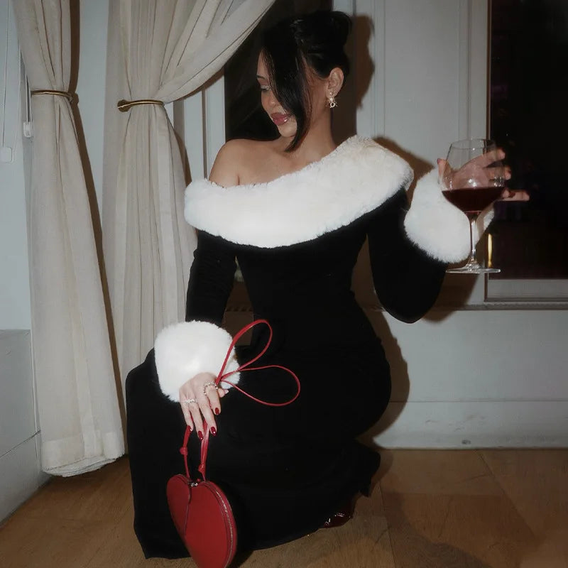 Tossy Fluffy Winter Slim Maxi Dress Female High Waist Long Sleeve Sexy Off-Shoulder Patchwork Bodycon Dress Ladies Party Dress