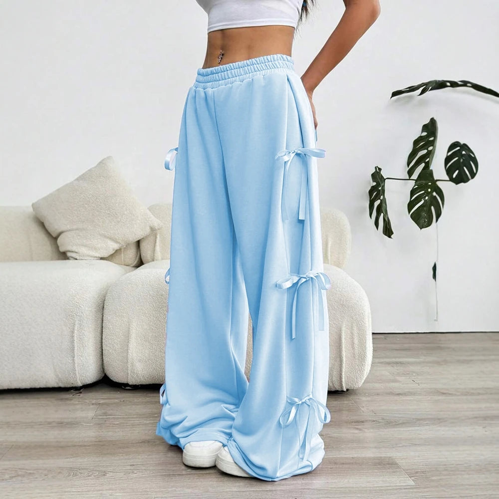 Mia Muse Women's Summer Pants 2025 Sporty Plain Bowknot Full Length High Waist Wide Leg Daily Basic Pants