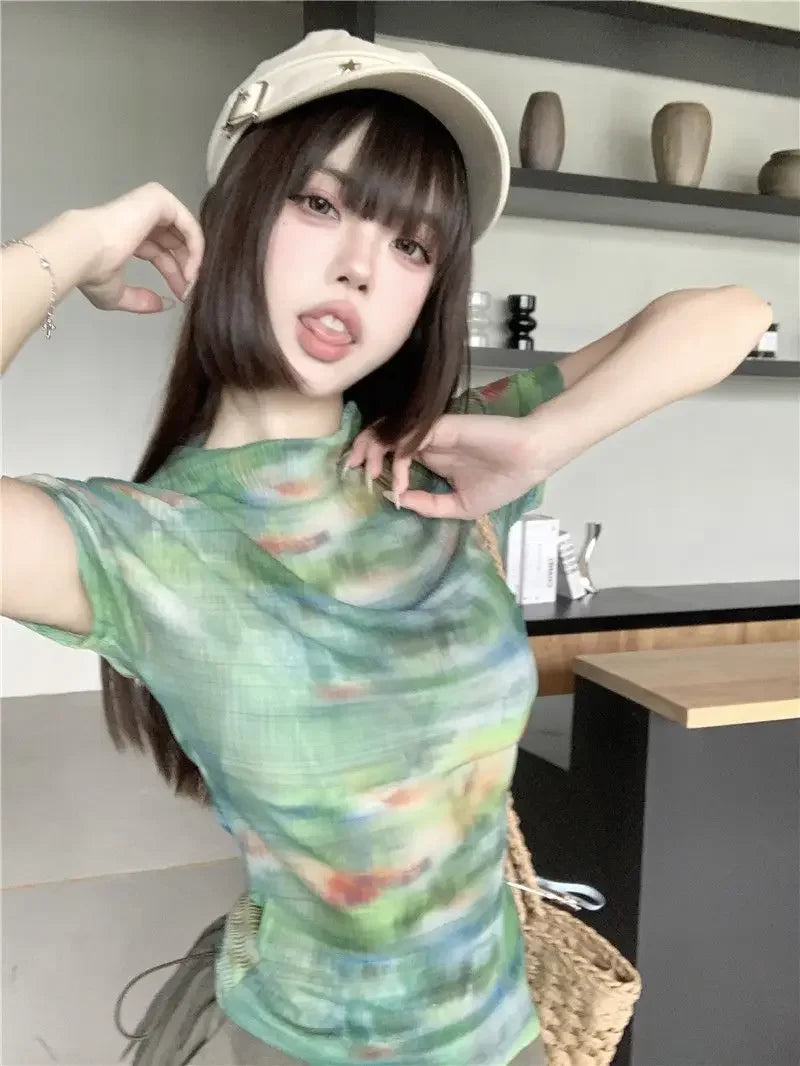 Turtleneck Woman Tops Tie DyeT Shirt for Women Japanese Vintage Fashion Korean Reviews Many Clothes Harajuku Clearance Basic