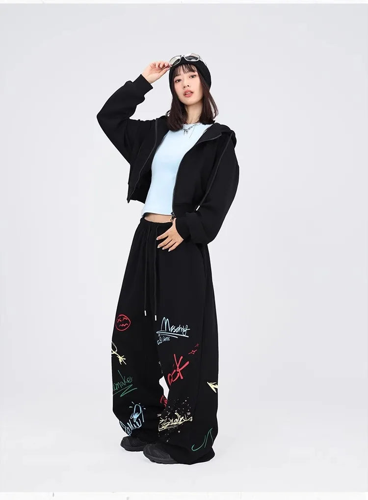 CBXLAB Street Dance Women' s Black color graffiti hip hop long pants autumn and winter street jazz soft and firm dancing sports