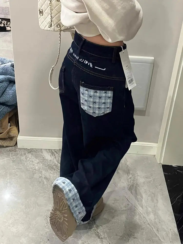 High Waist Turn-Up Wide Leg Straight Denim Pants Women Summer Japanese High Street Bow Knot Plaid Design Casual Patchwork Jeans
