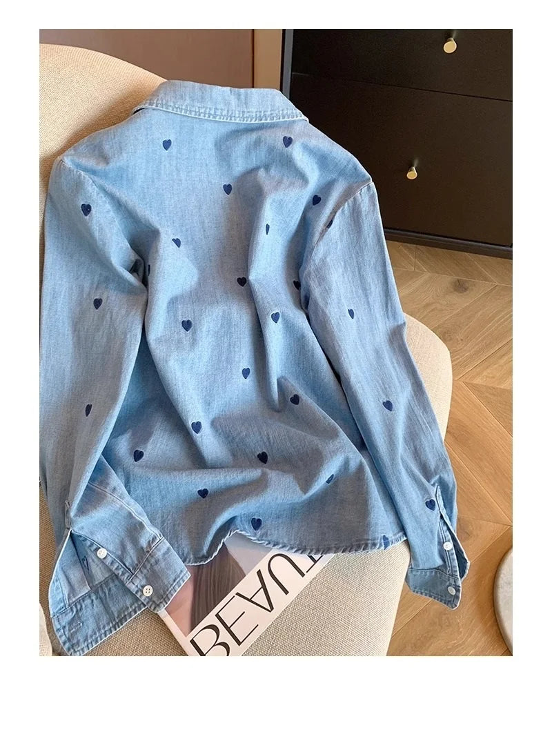 American Retro Blue Soft Denim Shirt Women's Spring Autumn Heart Print Thin Coat Casual Versatile Loose Long Sleeve Top Shirt