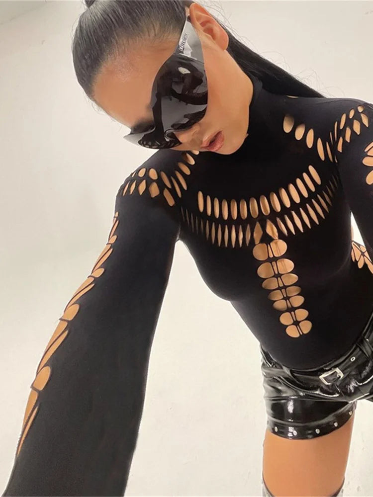 nibber Hollow Out Women Bodysuit Criss-Cross Full Sleeve Autumn Trend Skinny Sexy Solid Rave Party Club Streetwear Y2K Outfit