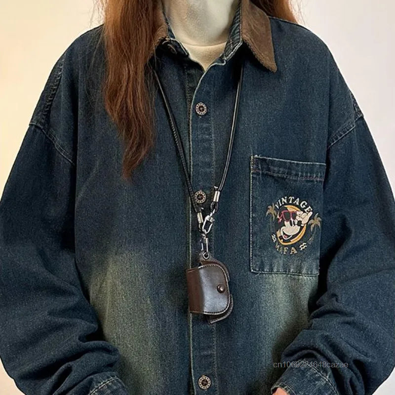 Disney Mickey Mouse American Vintage Print Denim Shirt Fashion Long Sleeve Women's Thin Jacket Spring New Trend Versatile Jacket