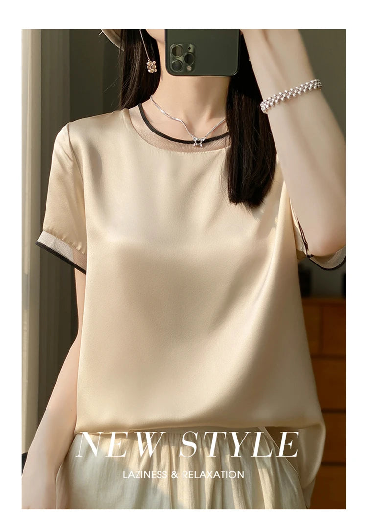 Oversize New Arrival T-Shirt Silky Satin Surface Women's Tees Short ONeck Tank Top Casual Slim Solid Lady Clothes Fashion Trends