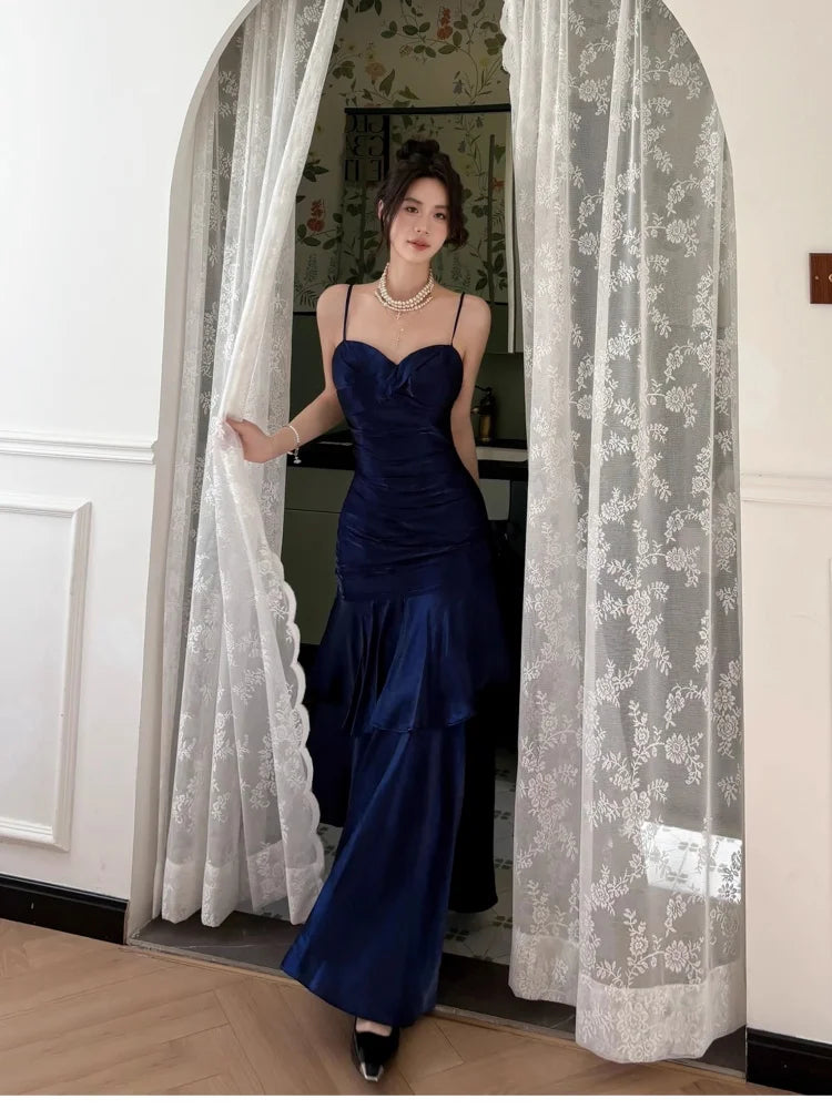 Elegant Romantic Party Women's Spaghetti Strap Dress Female Blue Ruffles Slim Fit Mermaid Dresses Chic Banquet Formal Gown