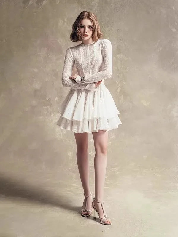 TWOTWINSTYLE Solid Hollow Out Slimming Dresses for Women O Neck Long Sleeve High Waist Temperament Dress Female Fashion