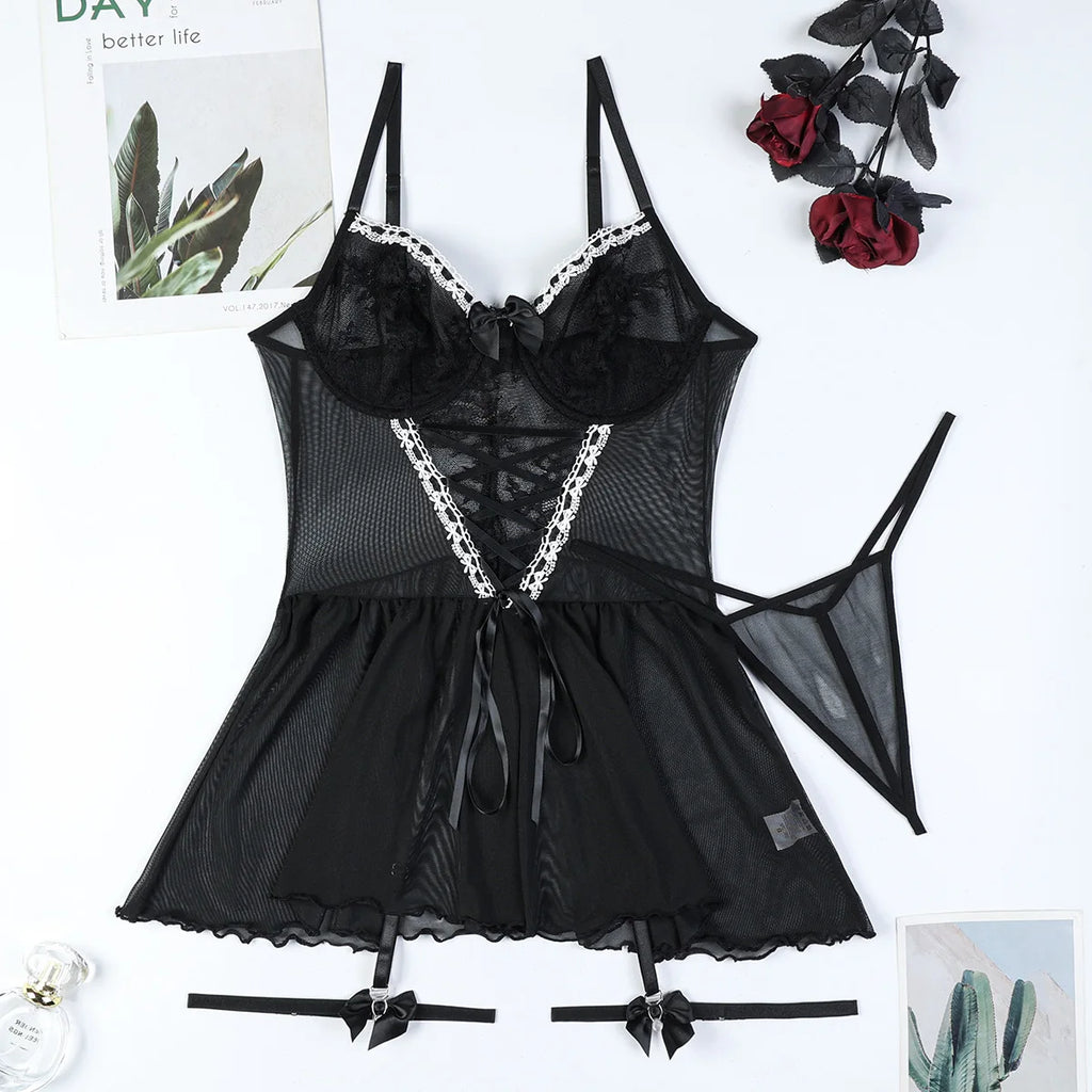 #7152 Black Pink See Through Mesh Short Dresss Women Push-up Bra Sexy Lingerie Ladies Hot Bandage Exotic Dresses Pajamas