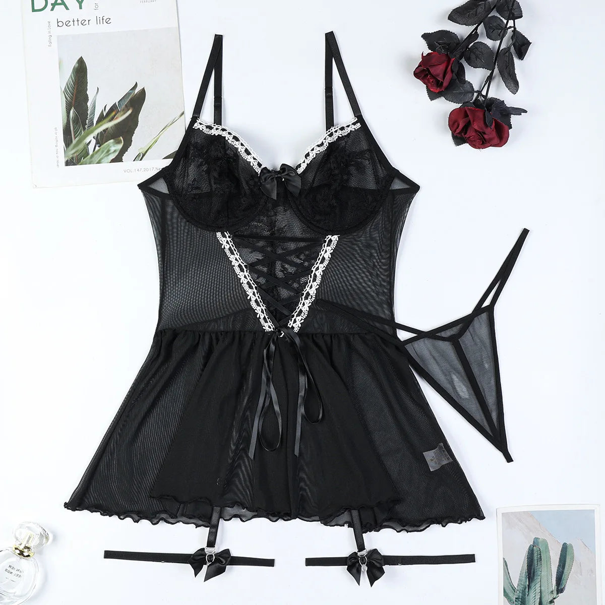 #7152 Black Pink See Through Mesh Short Dresss Women Push-up Bra Sexy Lingerie Ladies Hot Bandage Exotic Dresses Pajamas