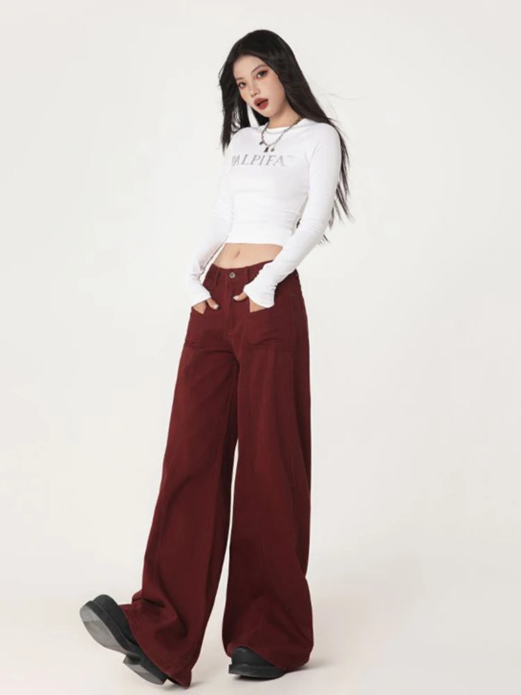 WCFCX STUDIO Women's Casual Baggy Jeans Streetwear Vintage Wide Leg Denim Pants Female Fashion Straight Trousers 2025 New