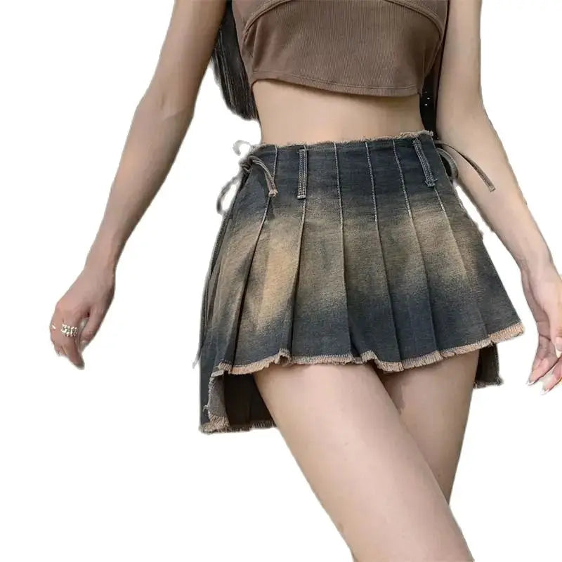 Mini Pleated Denim Skirts for women Bandage Skirts, Korean Chic fashion Female streetwear, casual tender basic Hotsweet Summer