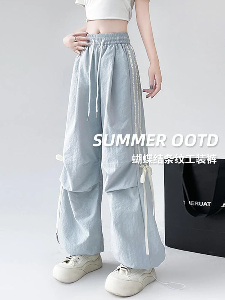 Zoki Dopamine Women Summer Pants Fashion Striped Bow Loose Multicolor Cargo Pants Casual Bf Ladies Trousers New