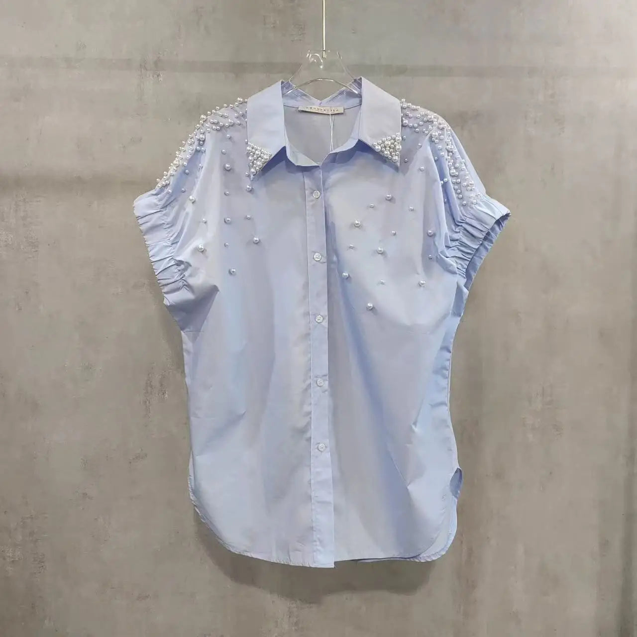 Pearls Beads Stitch Cotton Short Sleeve Blouses Shirts Women 2025 Spring Summer New Fashion Trend Loose Casual Tops Blusas