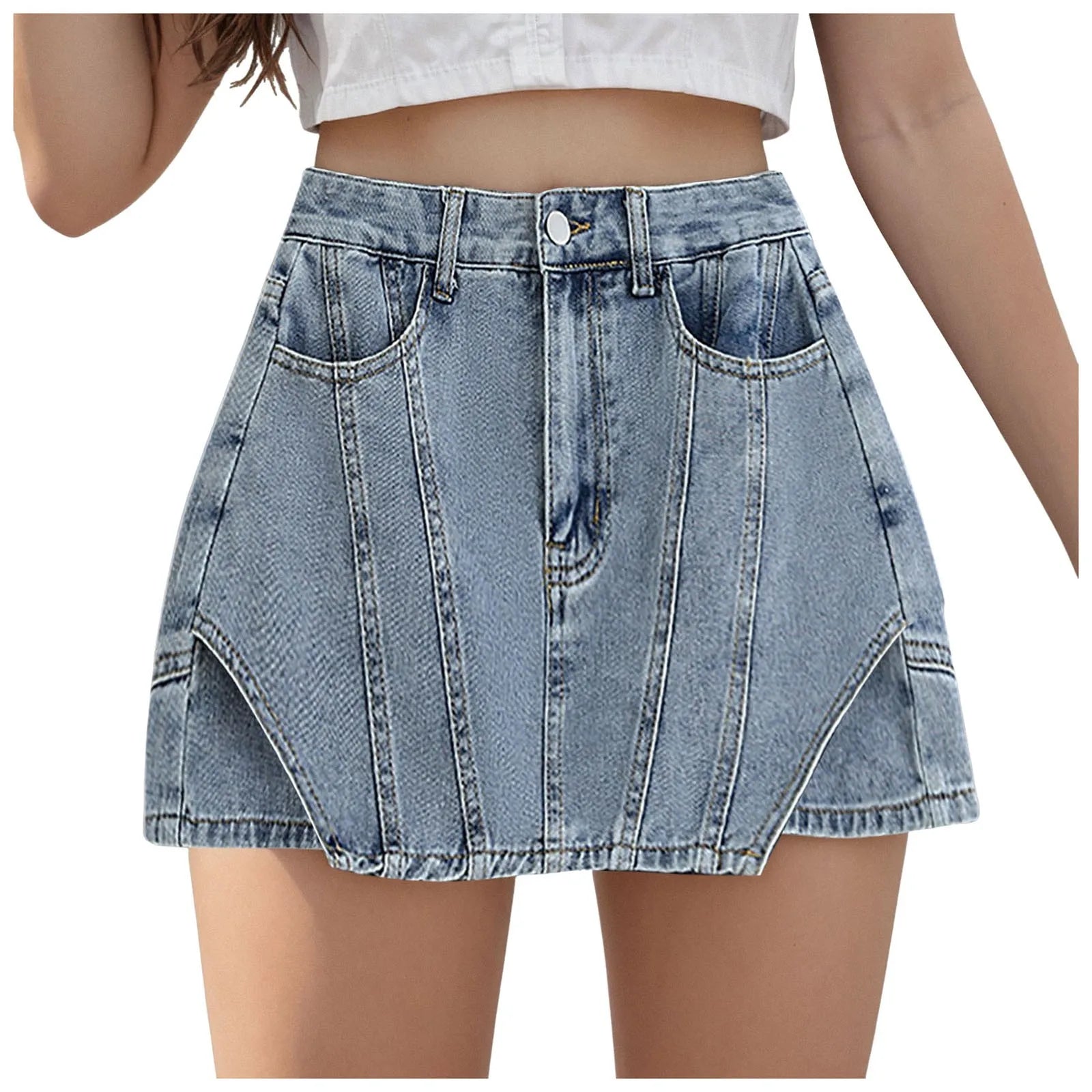 Women Casual Denim Skirt High Waisted Solid Button Up Wrap Hip Symmetrical Jean Mini Short Skirts Fashion Casual Streetwear