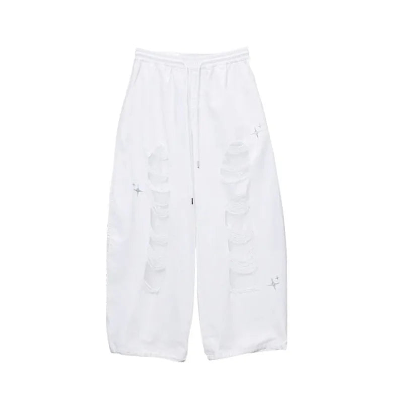 CBXLAB Street Dance Women'sWhite denim patchwork distressed dance pants with long design for jazz dancers, spicy and casual