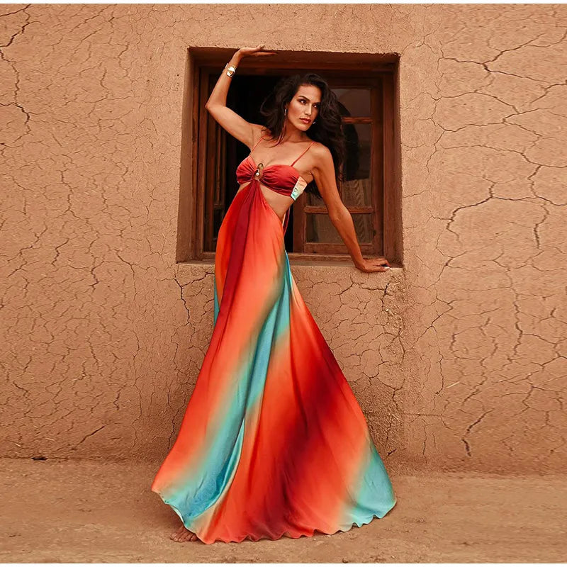 Summer New Colorful Print Beach Dress For Women Sexy Hollow Out High Waist Pleated Maxi Dresses 2025 Vocation Female Vestidos