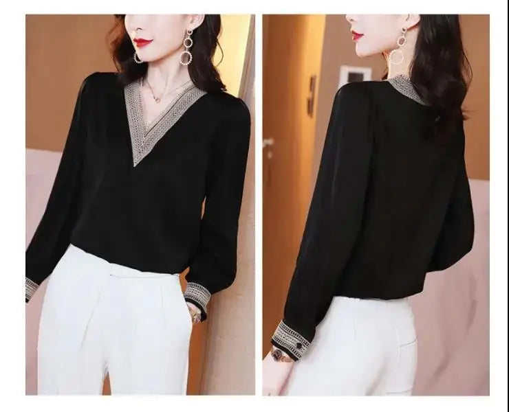 Elegant Fashion V-neck Embroidery Hollow Out Dignified Shirt New Summer Autumn 2022 Long Sleeve Solid Color Women's Clothing