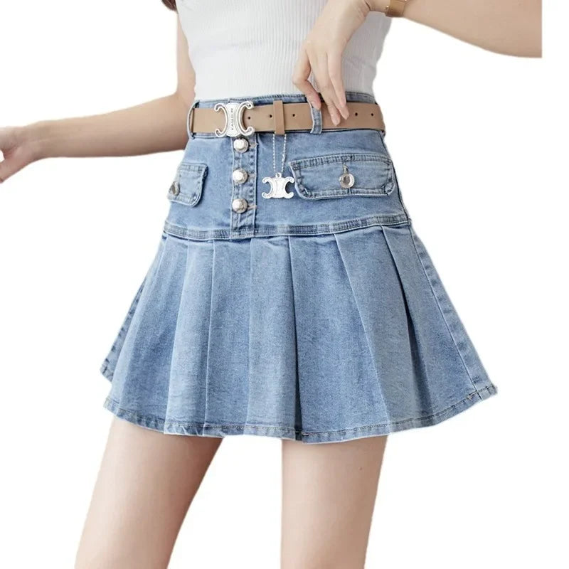 High-Waisted Denim Skirt Women's Slimming Mini Dress 2024 Spring Summer European Style Half Skirt Age-Reducing Fashionable Pleat