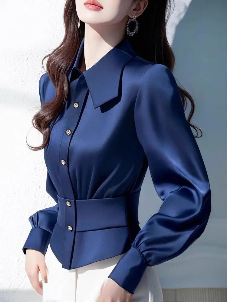 French Style Commuting Blue Satin Waist Slimming Shirt for Women 2025 Spring New Top