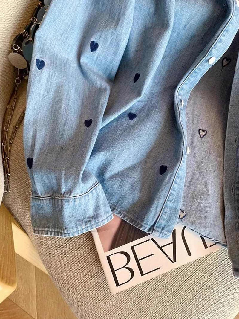 American Retro Blue Soft Denim Shirt Women's Spring Autumn Heart Print Thin Coat Casual Versatile Loose Long Sleeve Top Shirt
