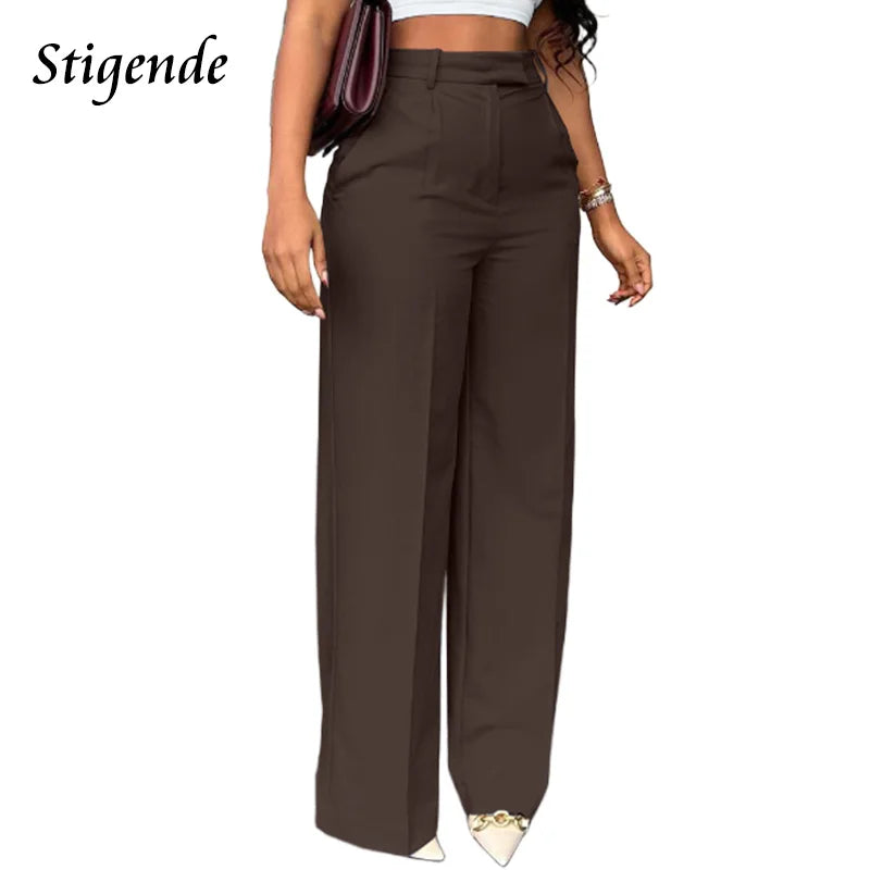 Stigende Wide Leg Straight Dress Pants with Pocket Women Plain Color Business Casual Pants Loose Fit Midi Waist Office Trousers
