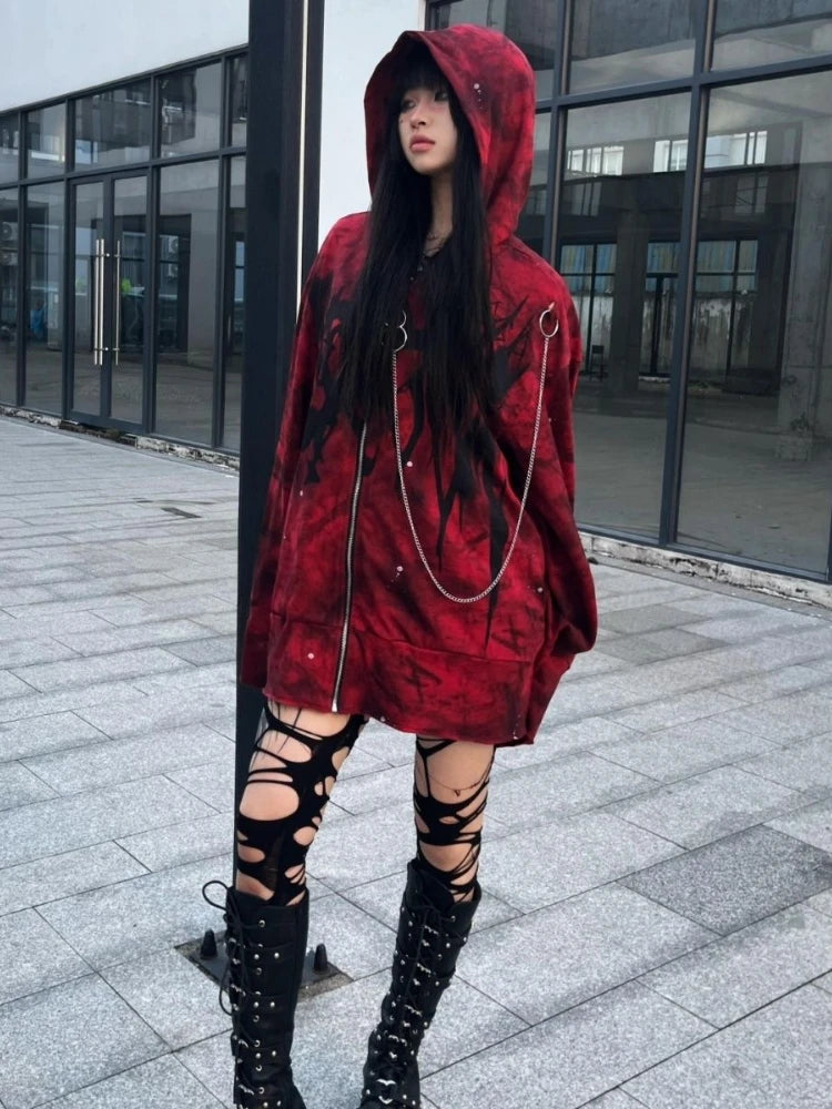 Y2k Aesthetic Printing Punk Hoodies Women Grunge Loose Pocket Oversized Hooded Hoody Harajuku Streetwear Emo Zipper Sweatshirts