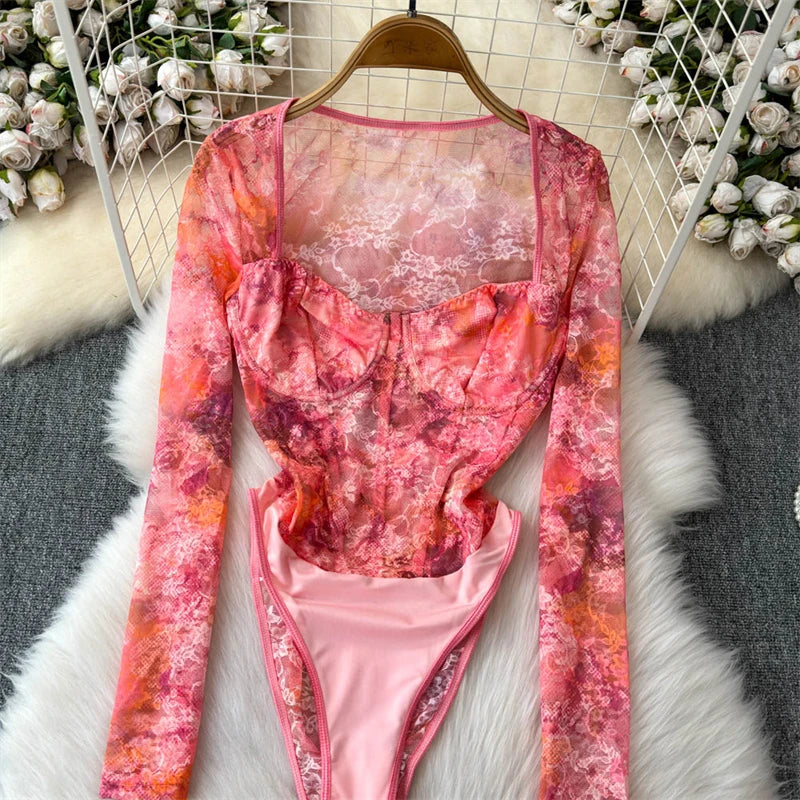 Women's Green Lace Jumpsuits Vintage Skinny Playsuits Harajuku Long Sleeve Square Collar Exotic Sexy Rompers Coquette Clothes