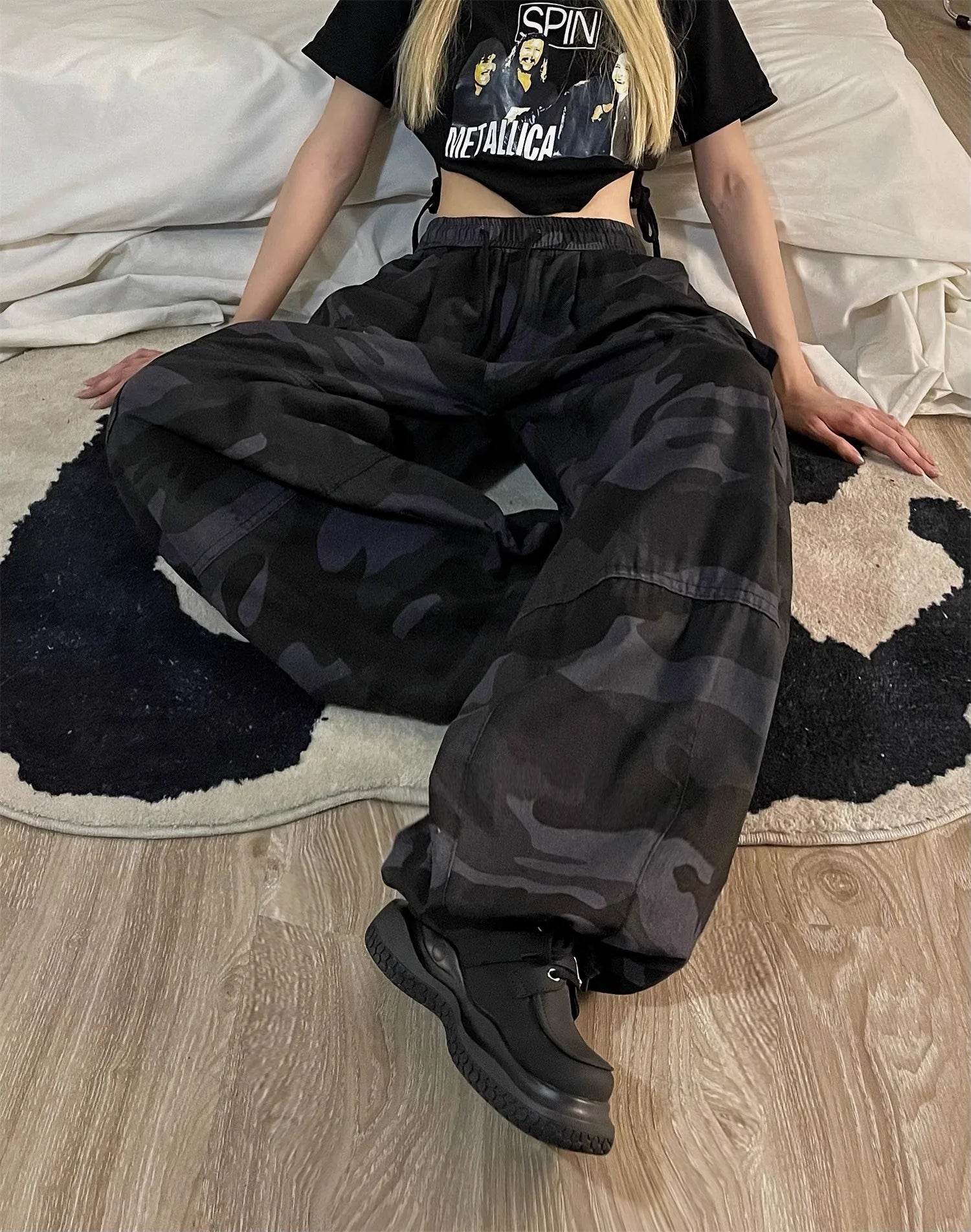 American High Street Camouflage Work Pants Women's Dstring Hip Hop Large Size Loose Straight Leg Wide Leg Trousers